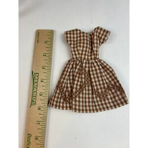 1960s Barbie clone brown gingham day dress, cutwork trim, 2-snap back, vtg